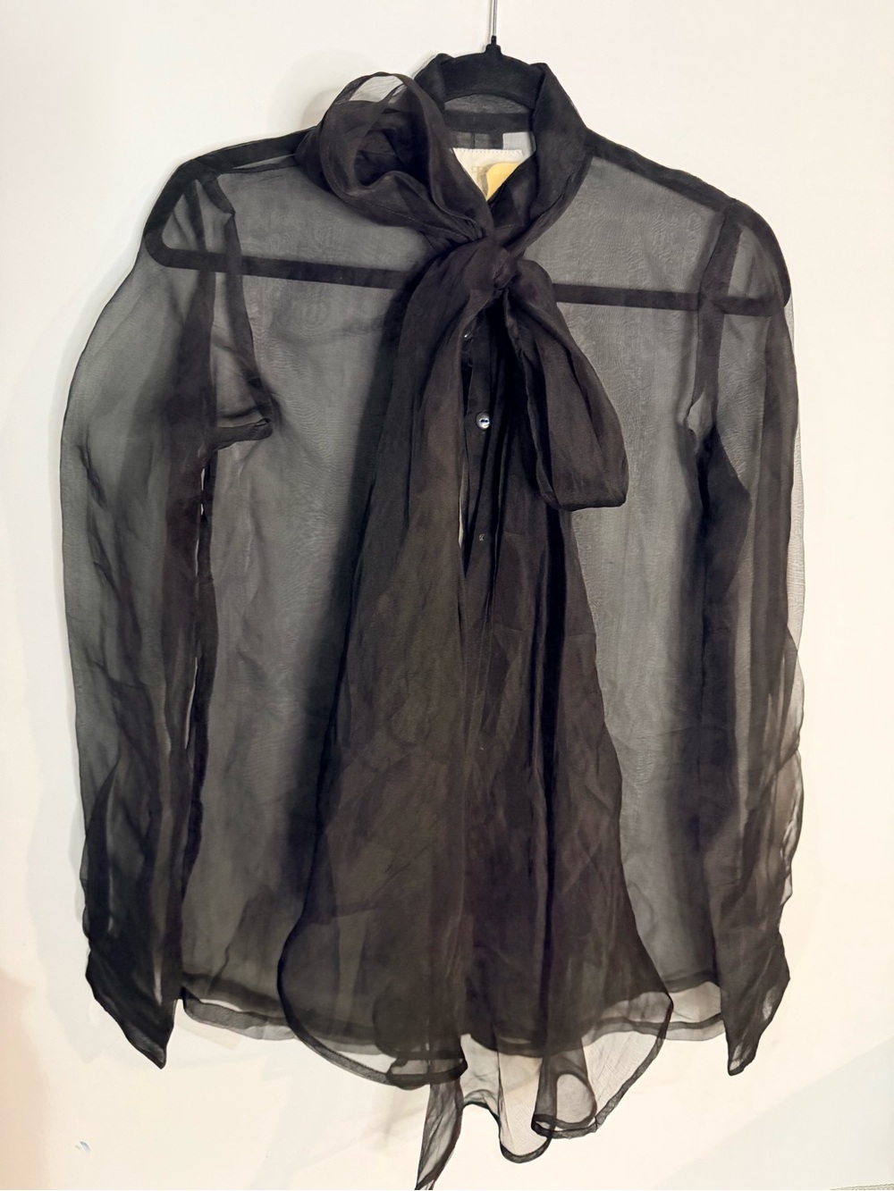 My Pet Square Silk Organza Black Long Sleeve Bow Blouse
